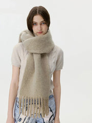 Soft dusty blue wool blend scarf with extra long tassels - View 8 | TEVQA