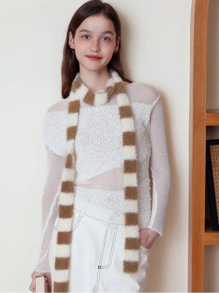 Y2K Fuzzy Striped Skinny Scarf - TEVQA