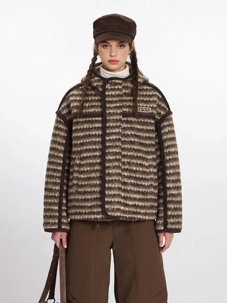 Vintage Brown Striped Sherpa Padded Jacket - TEVQA