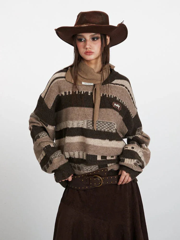 Vintage Brown Striped Distressed Knit Sweater - TEVQA