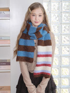 Blue Brown Striped Soft Chunky Knit Scarf