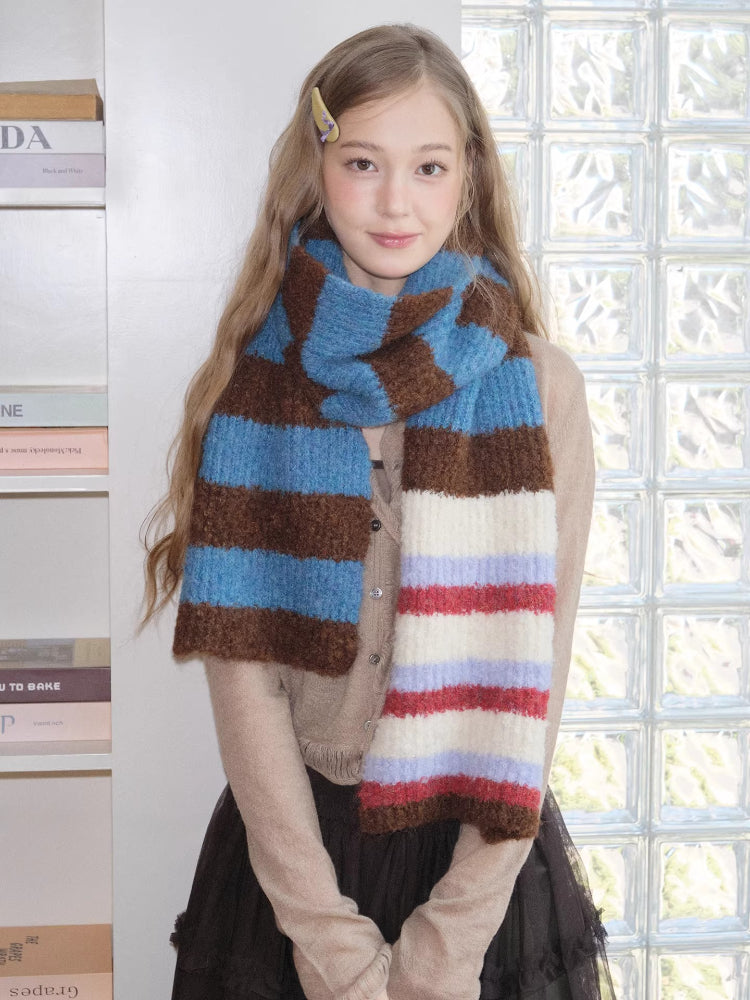 Blue Brown Striped Soft Chunky Knit Scarf