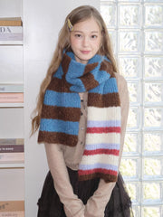 Blue Brown Striped Soft Chunky Knit Scarf