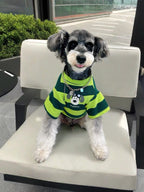 Miniature schnauzer wearing a green and lime striped t-shirt with a puppy graphic on the front, sitting on a white chair.