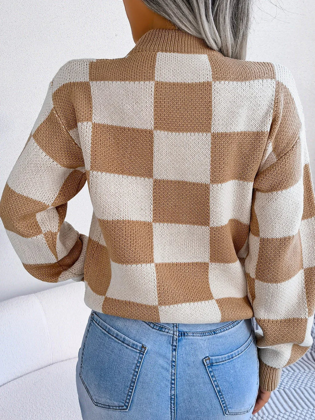 Black and white checkerboard knit mock neck sweater - View 8 | TEVQA