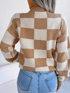 Black and white checkerboard knit mock neck sweater - View 8 | TEVQA