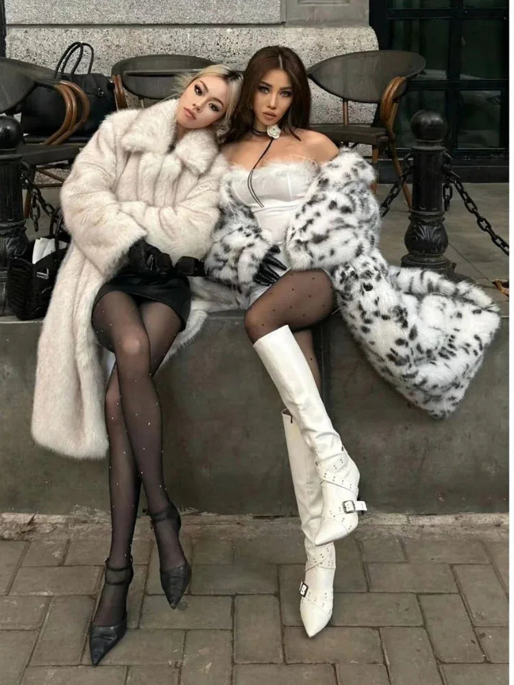 Aspen Chic Snow Leopard Faux Fox Fur Long Coat - TEVQA