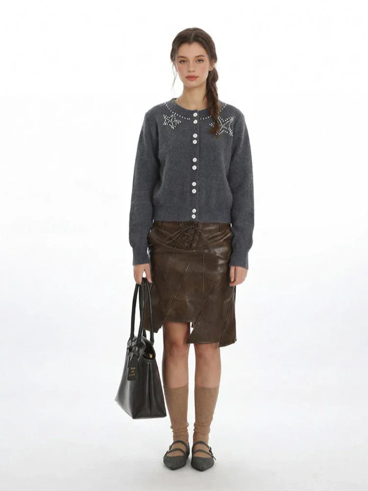 Coquette Grey Pearl Star Fuzzy Cardigan - TEVQA