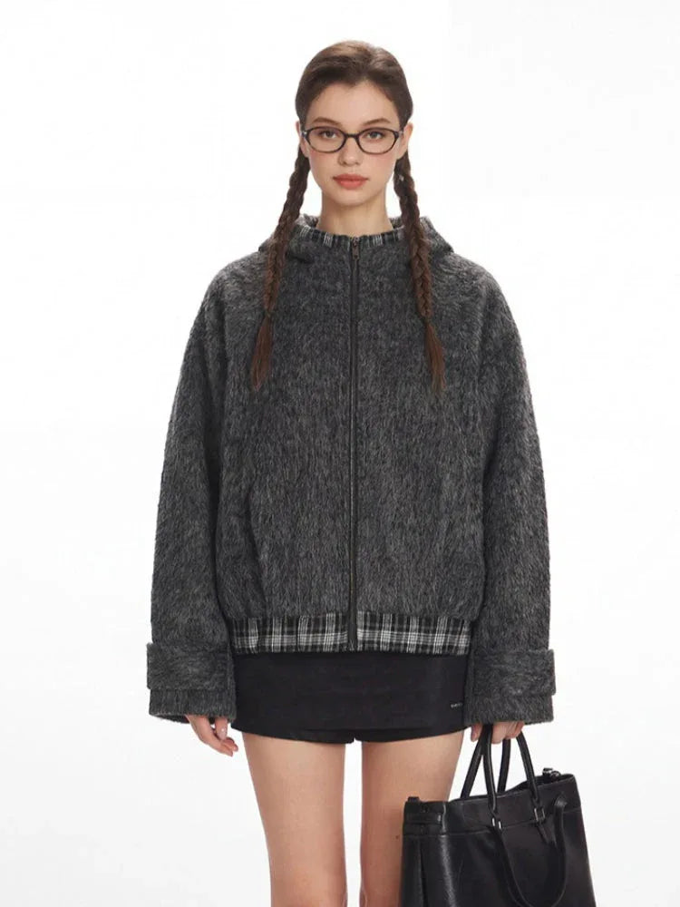 Women's Fuzzy Hooded Jacket with Plaid Hem Secondary image