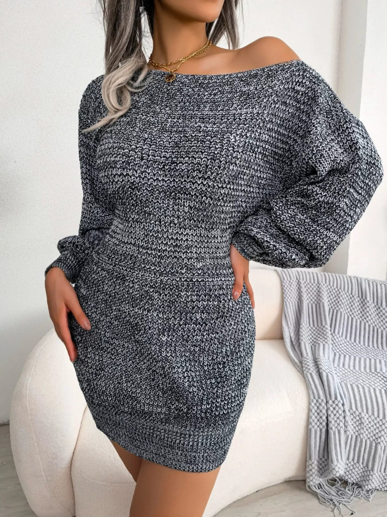 Green Marled Off-Shoulder Sweater Dress - View 6 | TEVQA