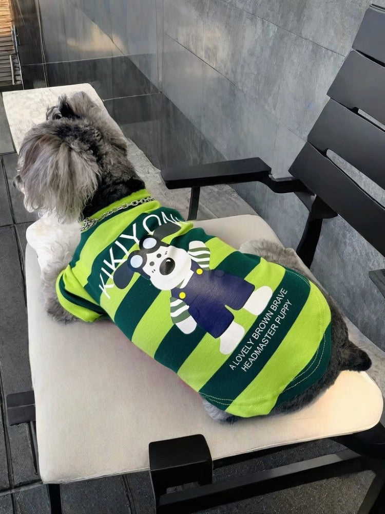 Miniature schnauzer wearing a green and lime striped t-shirt with a cartoon dog graphic and text on the back, sitting on a white chair.