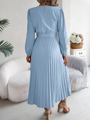 Vintage Khaki V-Neck Pleated Maxi Dress - TEVQA