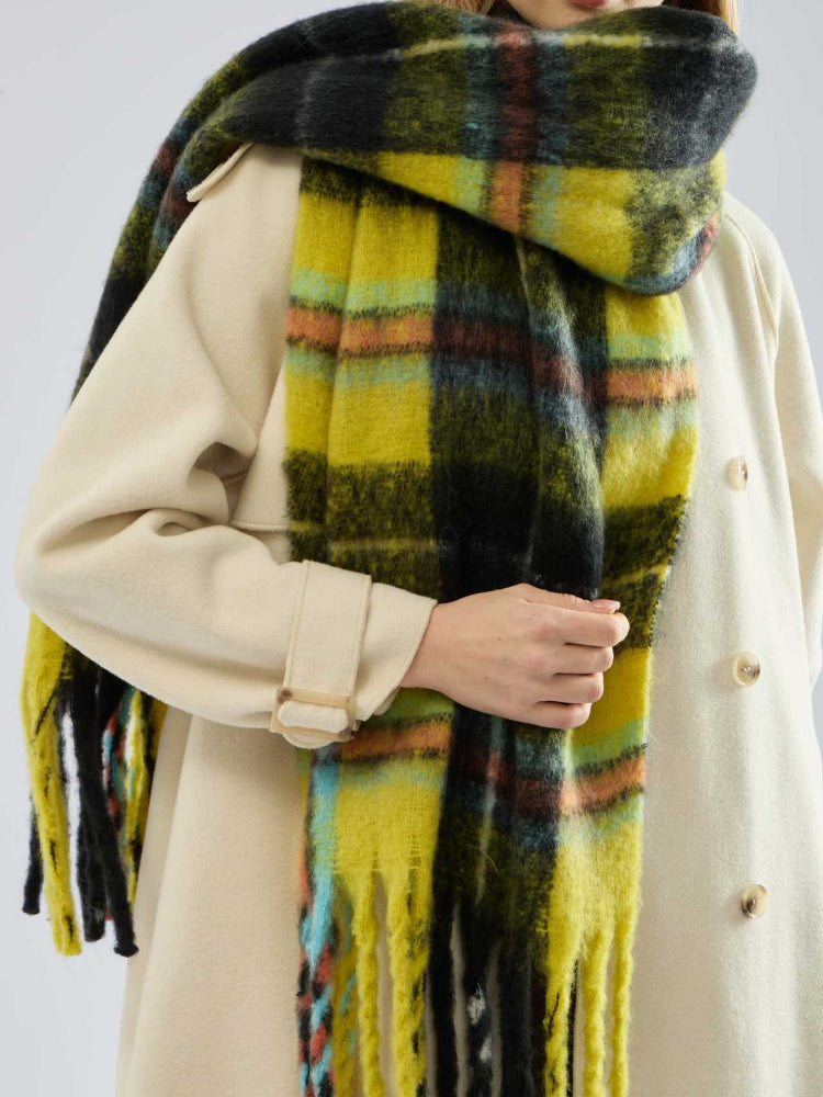 Chunky brushed plaid scarf in yellow multi - View 6 | TEVQA