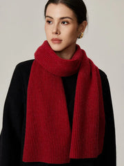 Close-up of a woman wearing a red ribbed knit scarf.