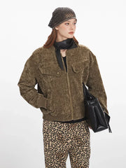 Vintage Brown Distressed Velvet Bomber Jacket - TEVQA