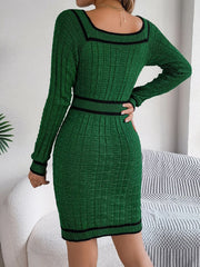 Vintage Red Square Neck Knit Dress - TEVQA