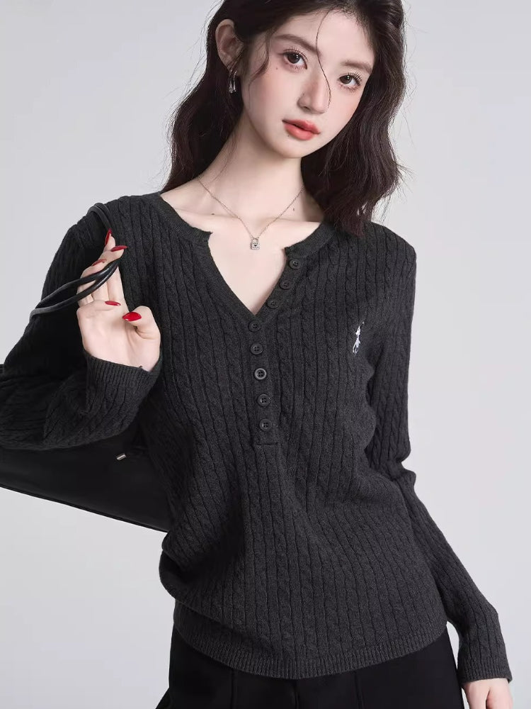 Cream textured knit henley top with button details - View 6 | TEVQA