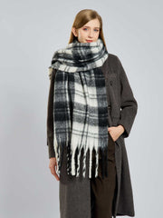 Women's Extra-Long Plaid Scarf Black & White Tartan Faux Mohair Wrap