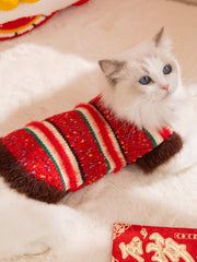 Festive Red Striped Plush Knitted Pet Sweater