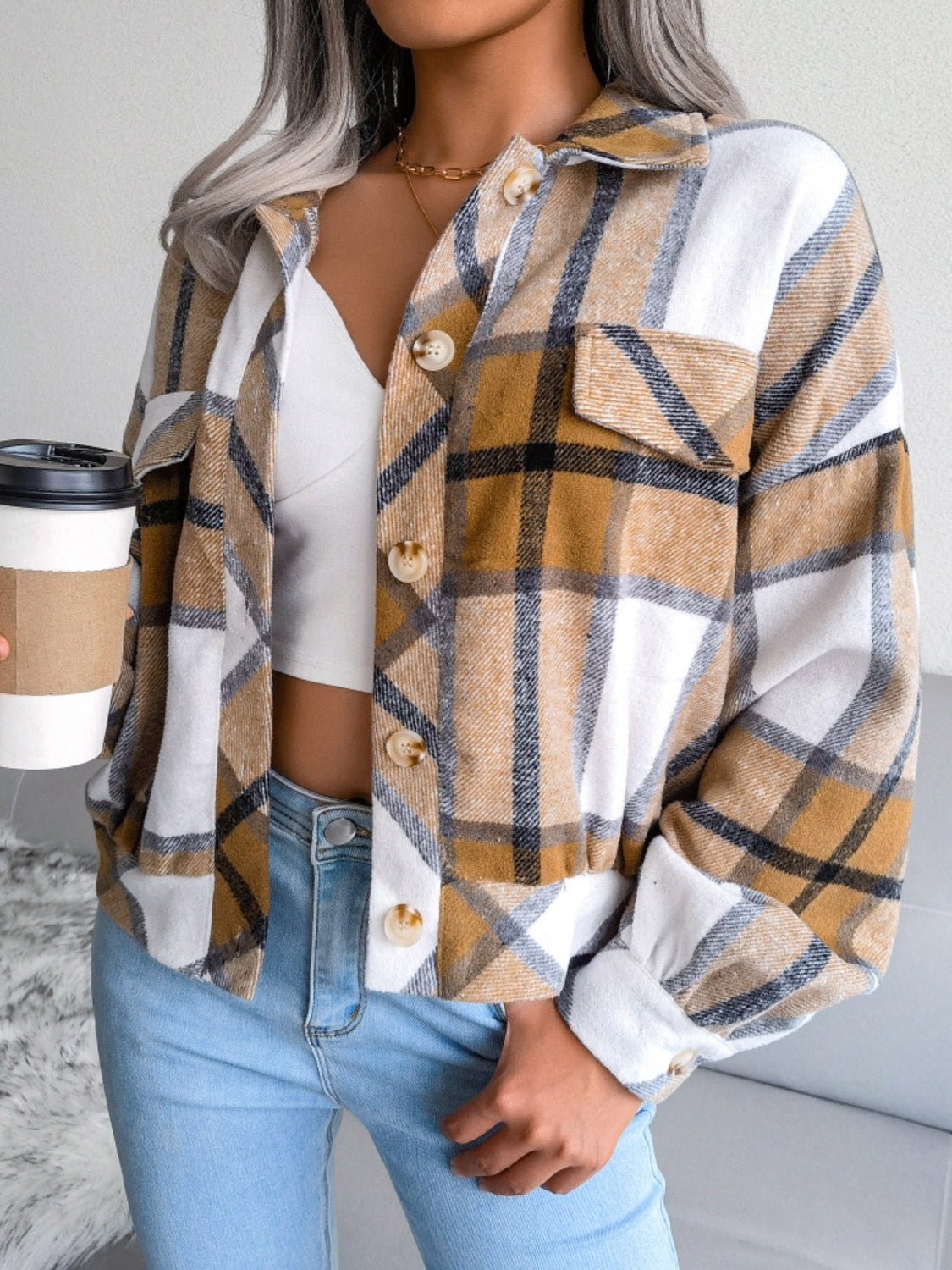 Plaid Wool Blend Lantern Sleeve Cropped Shacket