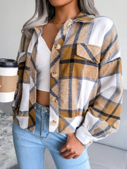 Plaid Wool Blend Lantern Sleeve Cropped Shacket