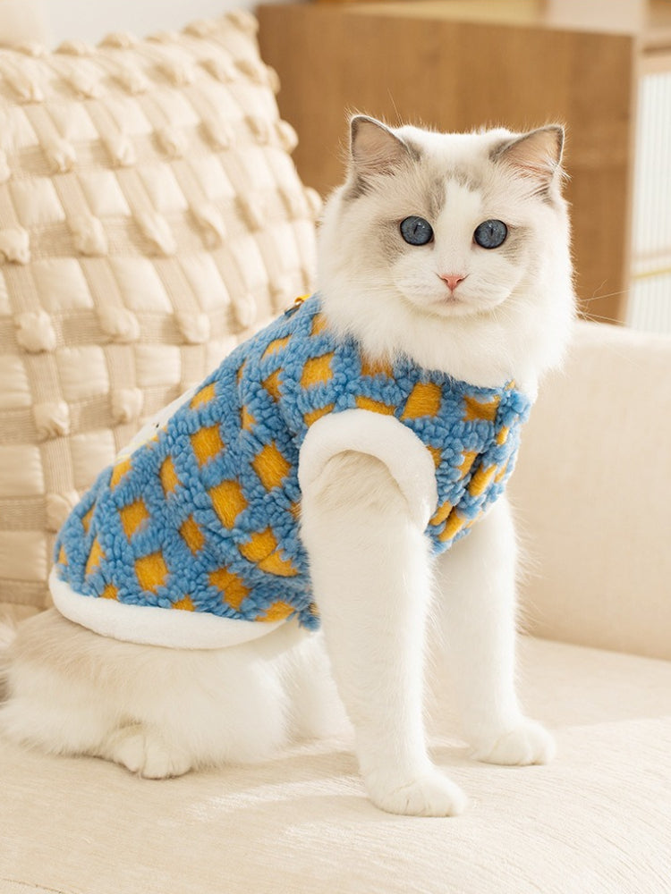 Pet fleece vest with red checkered pattern and embroidered clock graphic - View 8 | TEVQA
