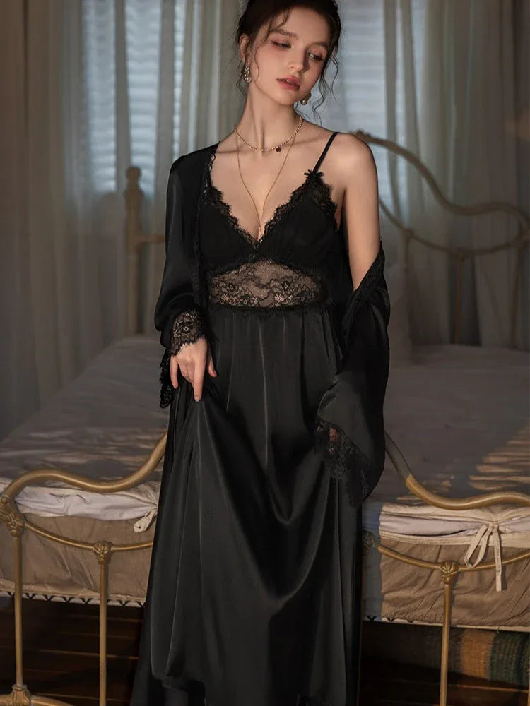 Lace Trim Satin Robe and Slip Set - View 21 | TEVQA
