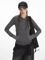 Y2K Grunge Striped Hooded Henley Top - TEVQA