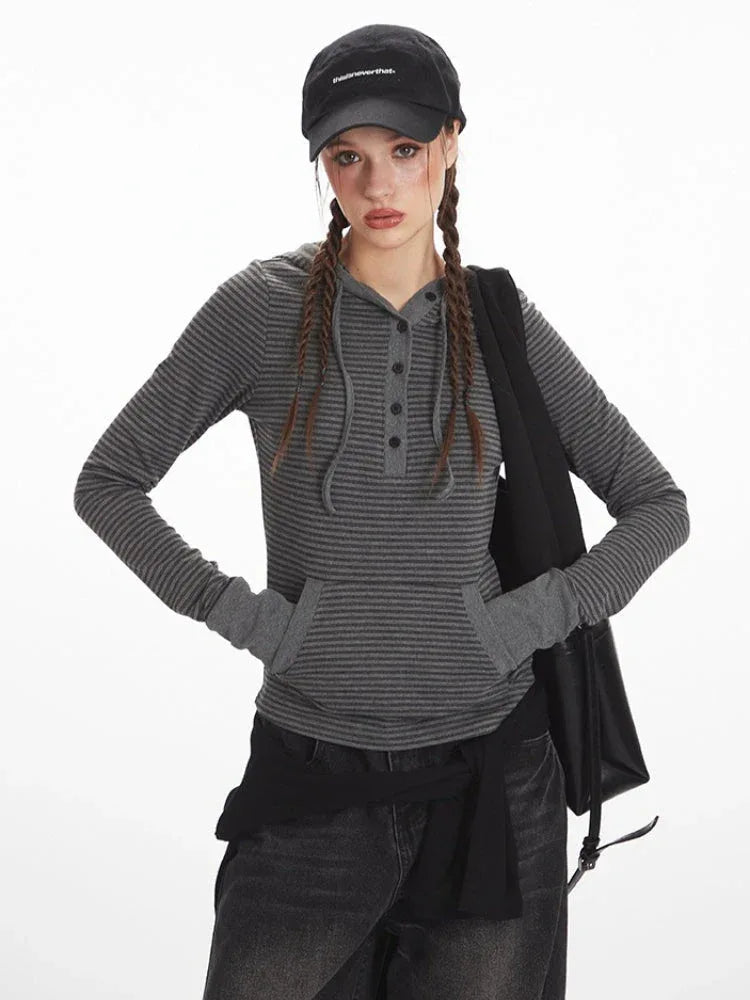Y2K Grunge Striped Hooded Henley Top - TEVQA