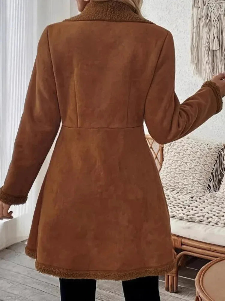 Vintage Chic Faux Suede & Shearling Mid-Length Coat - TEVQA
