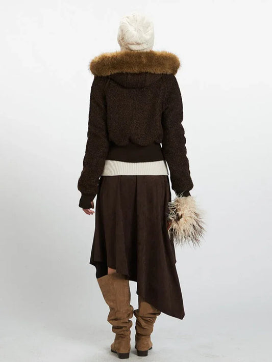 Vintage Chocolate Textured Bomber Jacket - TEVQA