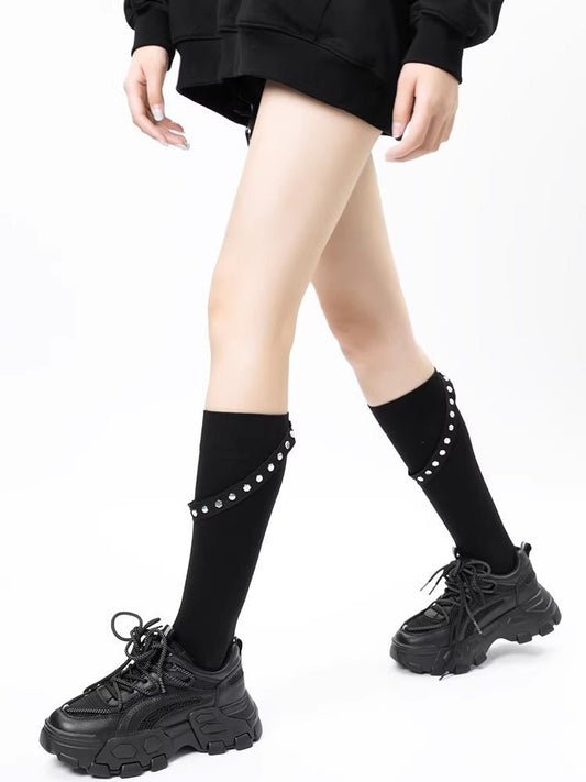 Black Cotton Knee High Socks with Industrial Studded Strap - TEVQA