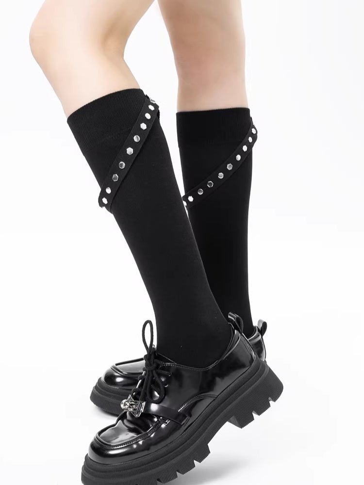 Black Cotton Knee High Socks with Industrial Studded Strap - TEVQA