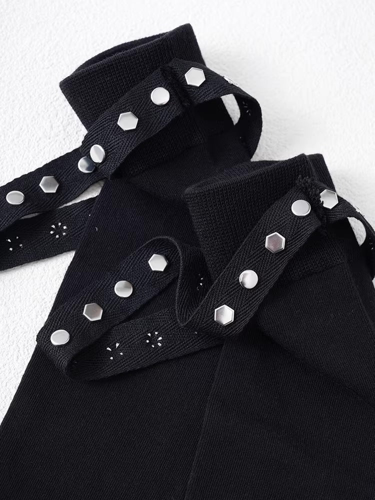 Black Cotton Knee High Socks with Industrial Studded Strap - TEVQA
