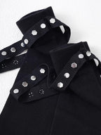 Black Cotton Knee High Socks with Industrial Studded Strap - TEVQA