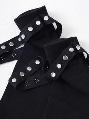 Black Cotton Knee High Socks with Industrial Studded Strap - TEVQA