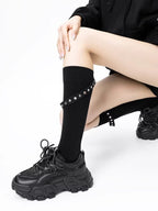 Black Cotton Knee High Socks with Industrial Studded Strap - TEVQA