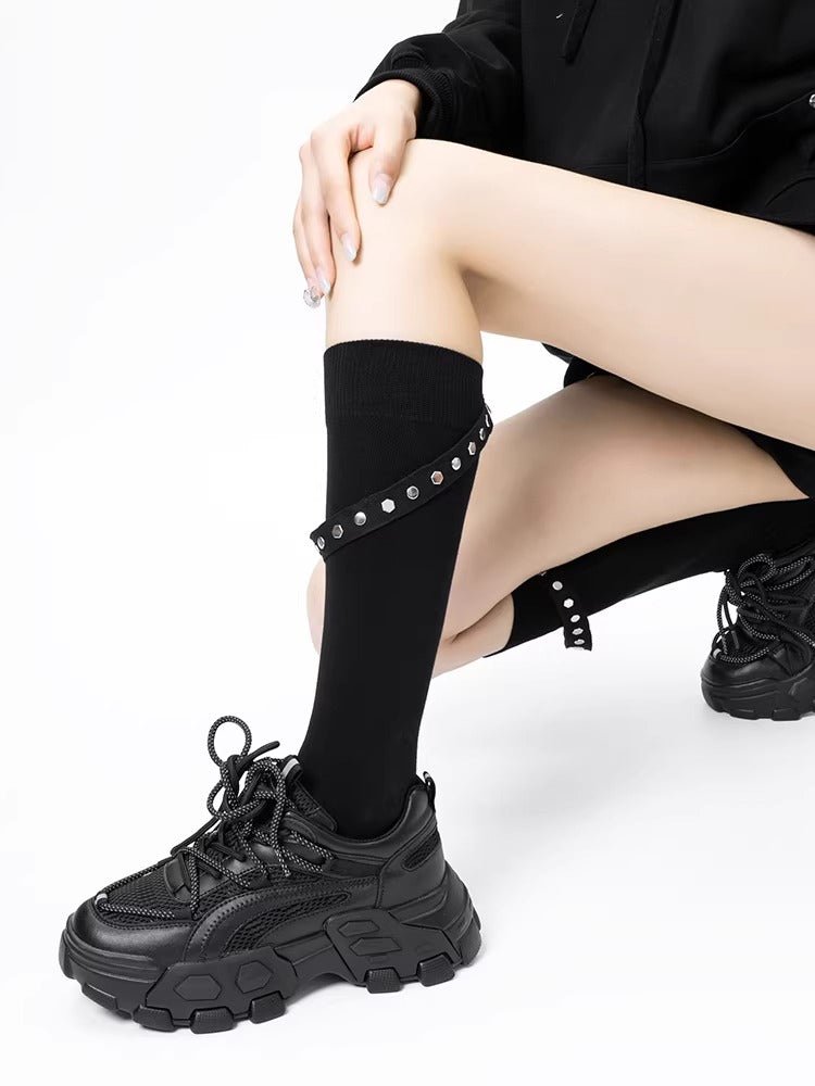 Black Cotton Knee High Socks with Industrial Studded Strap - TEVQA