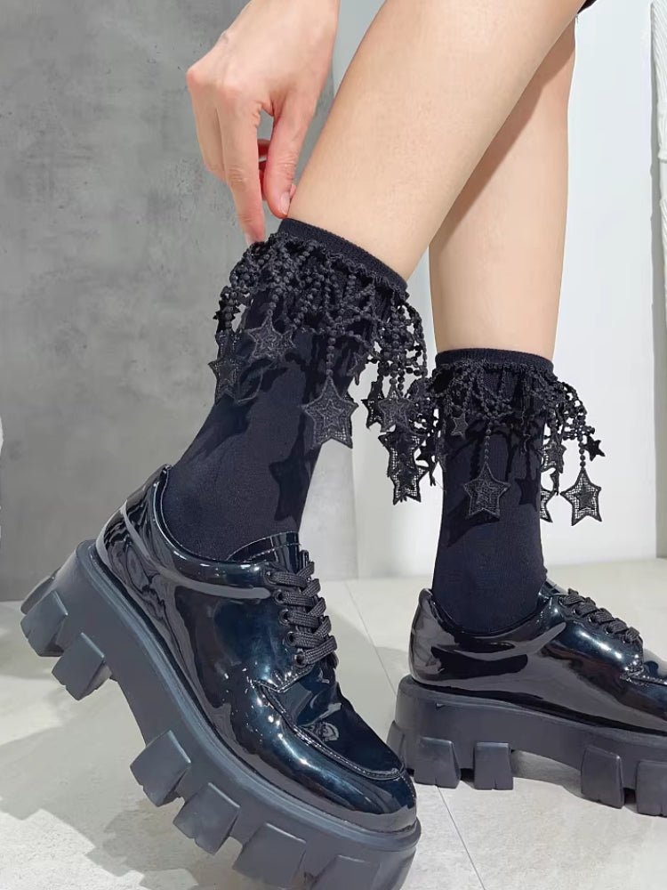 Black Cotton Socks with Hanging Star Lace Trim - TEVQA