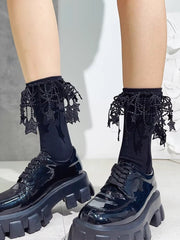 Black Cotton Socks with Hanging Star Lace Trim - TEVQA