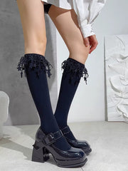 Black Cotton Socks with Hanging Star Lace Trim - TEVQA