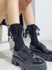 Black Cotton Socks with Hanging Star Lace Trim - TEVQA
