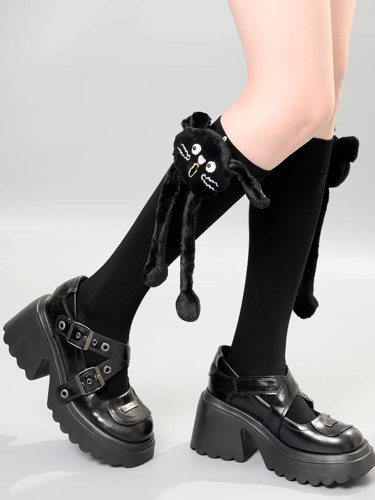 Black Knee High Socks with Removable 3D Quirky Monster Doll - TEVQA