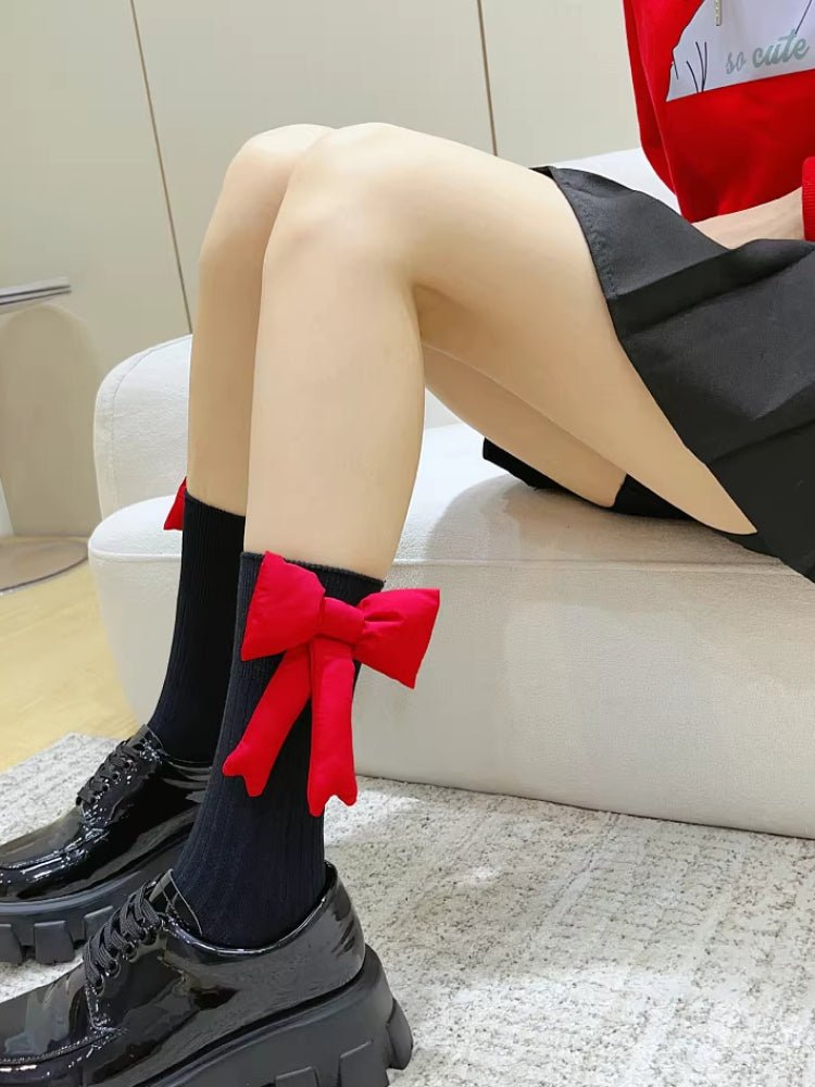 Black Ribbed Cotton Socks with Large Red Bow - TEVQA