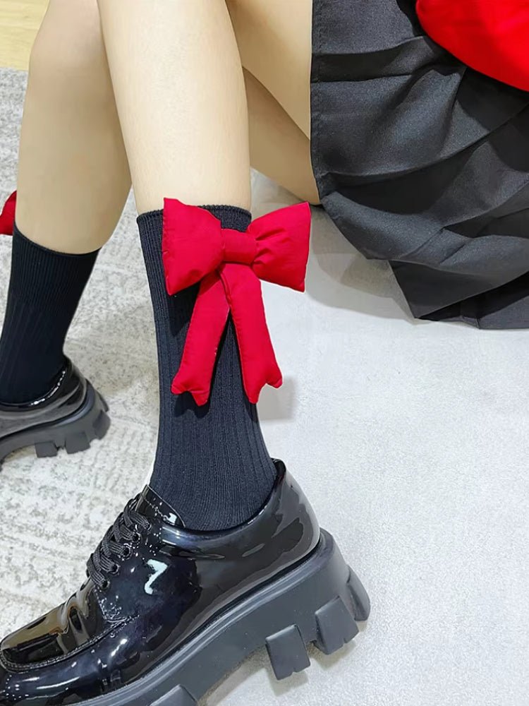 Black Ribbed Cotton Socks with Large Red Bow - TEVQA