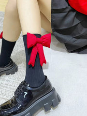 Black Ribbed Cotton Socks with Large Red Bow - TEVQA