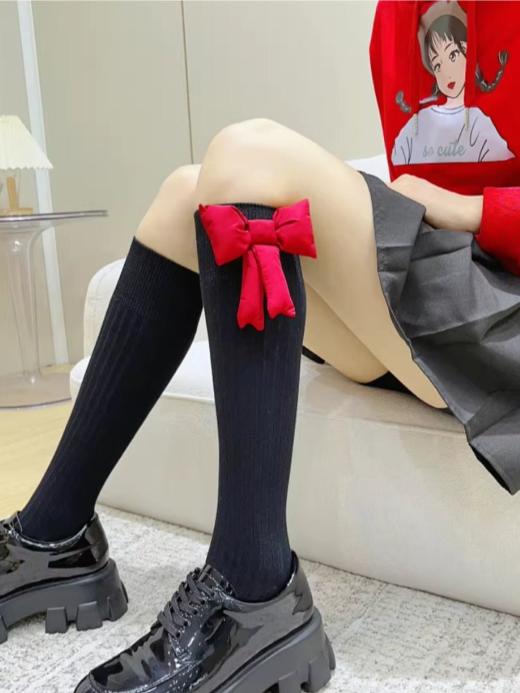 Black Ribbed Cotton Socks with Large Red Bow - TEVQA