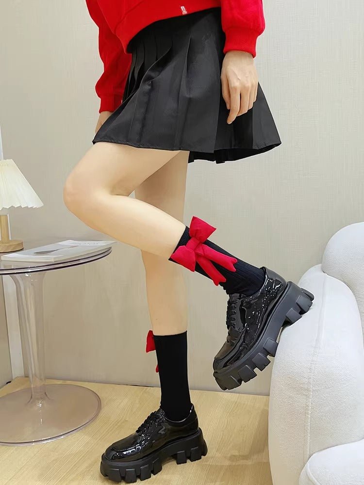 Black Ribbed Cotton Socks with Large Red Bow - TEVQA