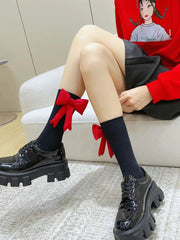 Black Ribbed Cotton Socks with Large Red Bow - TEVQA