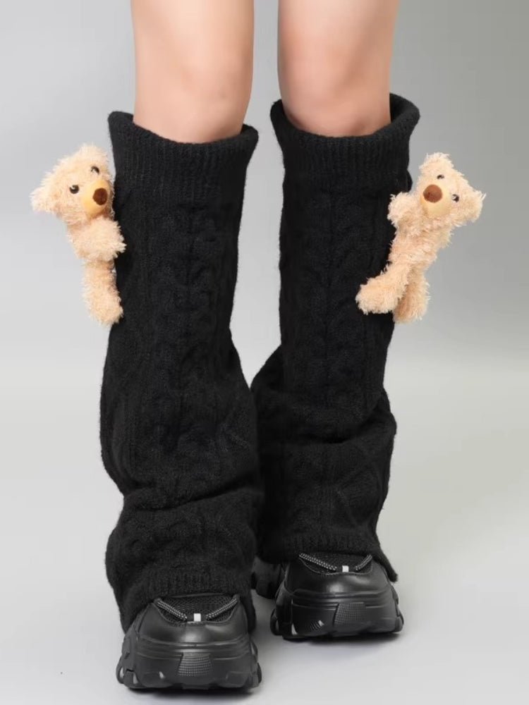 Black Wool Blend Cable Knit Leg Warmers with 3D Teddy Bear - TEVQA